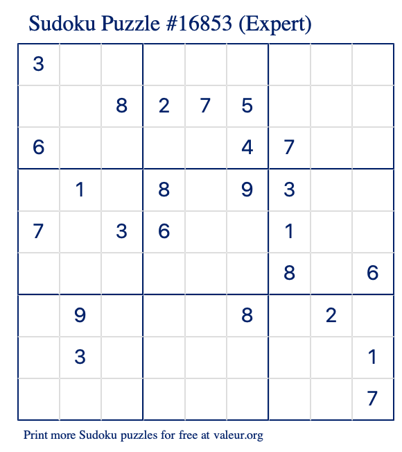 Free Printable Expert Sudoku Puzzle number 16853