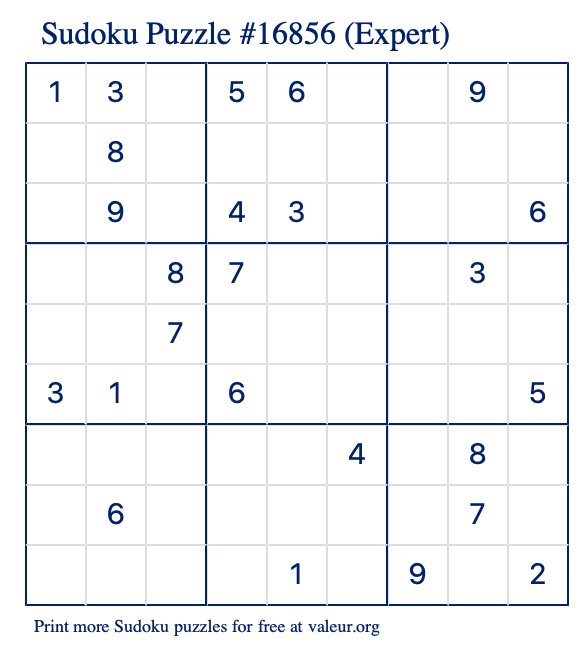 Free Printable Expert Sudoku Puzzle number 16856