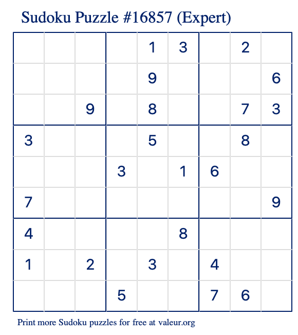 Free Printable Expert Sudoku Puzzle number 16857