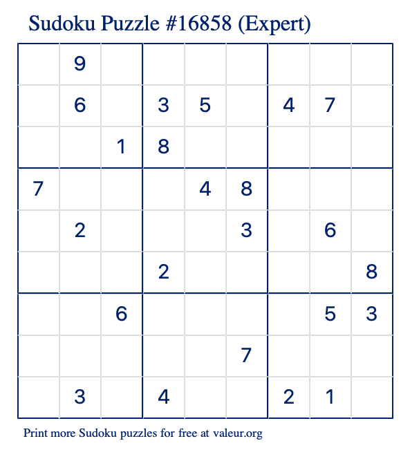 Free Printable Expert Sudoku Puzzle number 16858