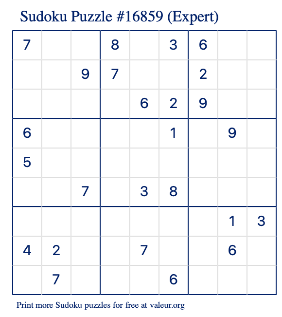 Free Printable Expert Sudoku Puzzle number 16859