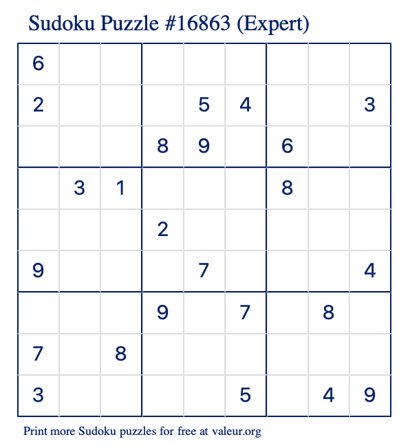 Free Printable Expert Sudoku Puzzle number 16863
