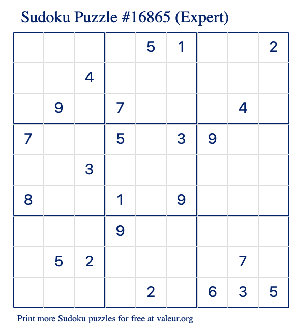 Free Printable Expert Sudoku Puzzle number 16865