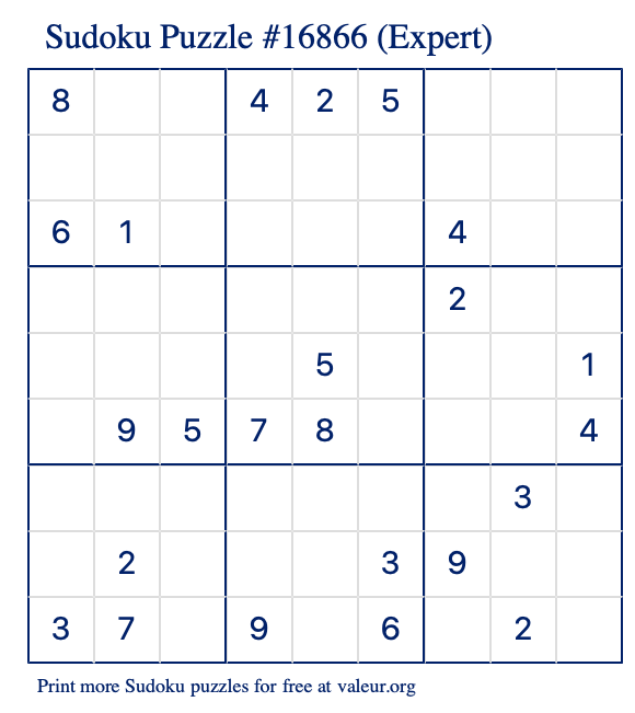Free Printable Expert Sudoku Puzzle number 16866