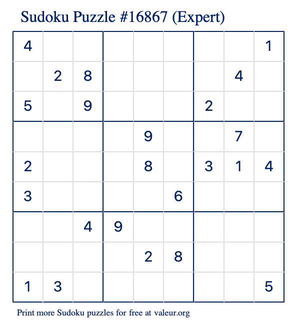 Free Printable Expert Sudoku Puzzle number 16867