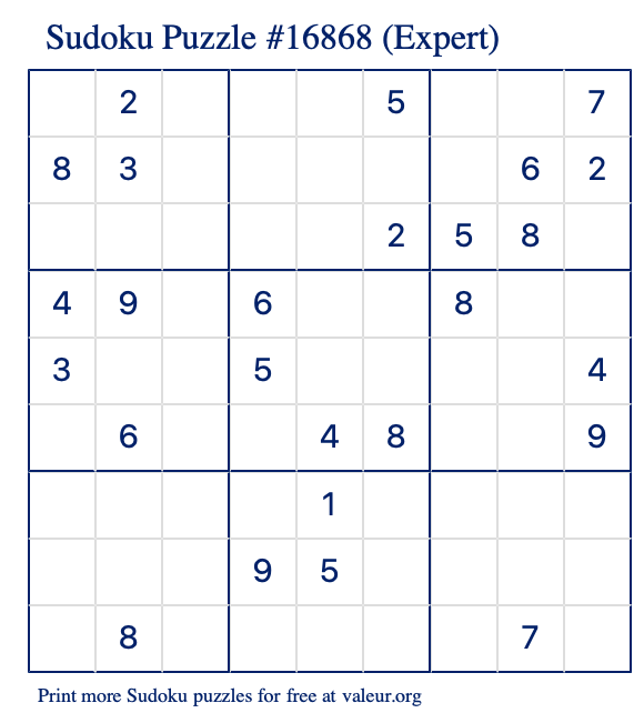 Free Printable Expert Sudoku Puzzle number 16868