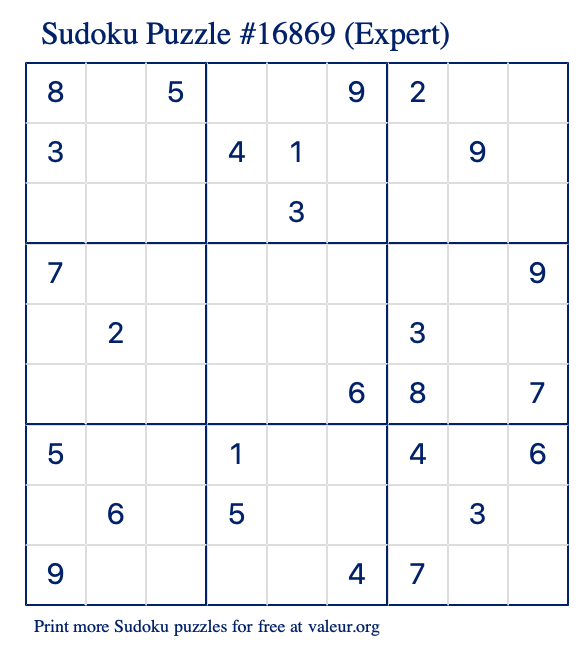 Free Printable Expert Sudoku Puzzle number 16869