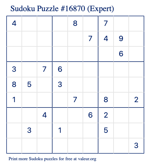 Free Printable Expert Sudoku Puzzle number 16870