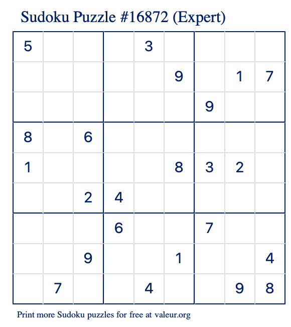 Free Printable Expert Sudoku Puzzle number 16872