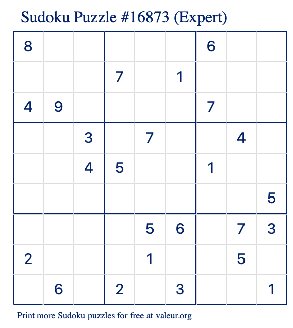 Free Printable Expert Sudoku Puzzle number 16873