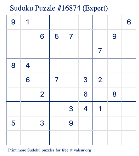 Free Printable Expert Sudoku Puzzle number 16874