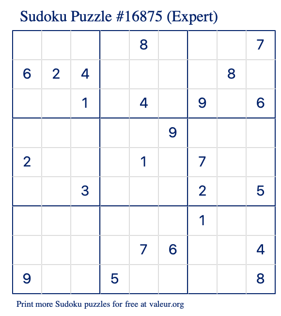 Free Printable Expert Sudoku Puzzle number 16875