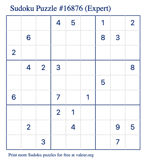 Free Printable Expert Sudoku Puzzle number 16876