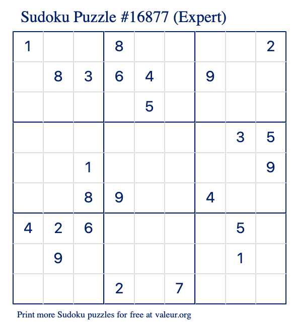 Free Printable Expert Sudoku Puzzle number 16877