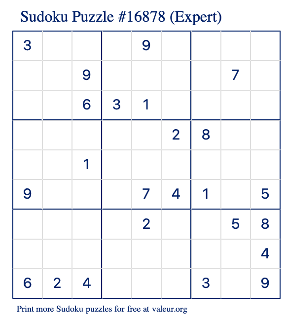 Free Printable Expert Sudoku Puzzle number 16878