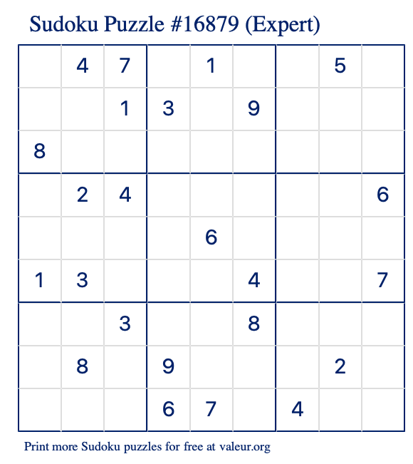Free Printable Expert Sudoku Puzzle number 16879