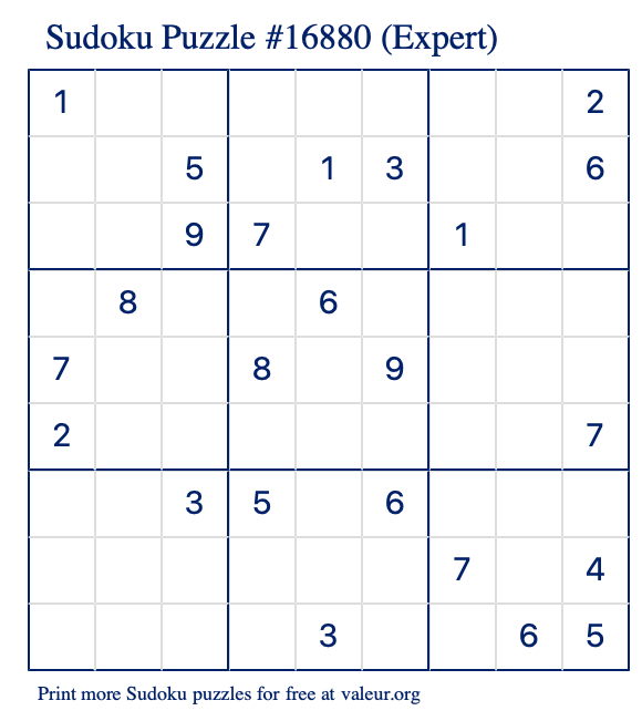 Free Printable Expert Sudoku Puzzle number 16880