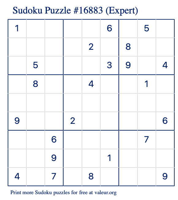 Free Printable Expert Sudoku Puzzle number 16883