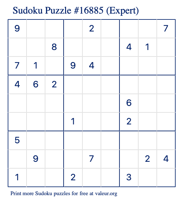 Free Printable Expert Sudoku Puzzle number 16885