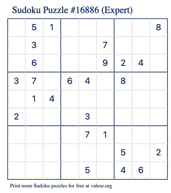 Free Printable Expert Sudoku Puzzle number 16886