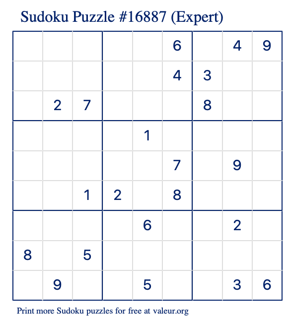 Free Printable Expert Sudoku Puzzle number 16887