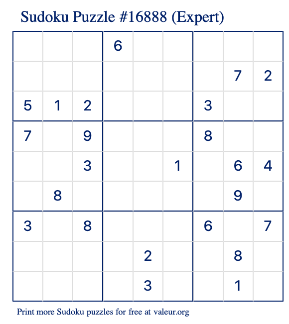 Free Printable Expert Sudoku Puzzle number 16888