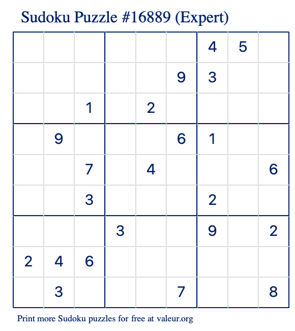 Free Printable Expert Sudoku Puzzle number 16889