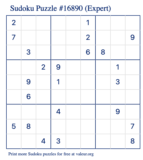 Free Printable Expert Sudoku Puzzle number 16890