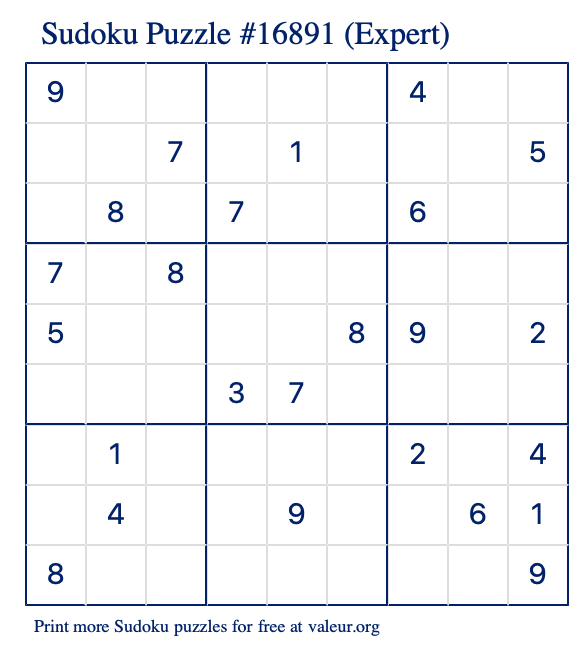 Free Printable Expert Sudoku Puzzle number 16891