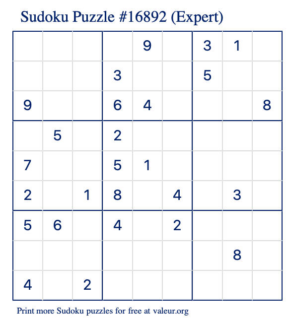 Free Printable Expert Sudoku Puzzle number 16892