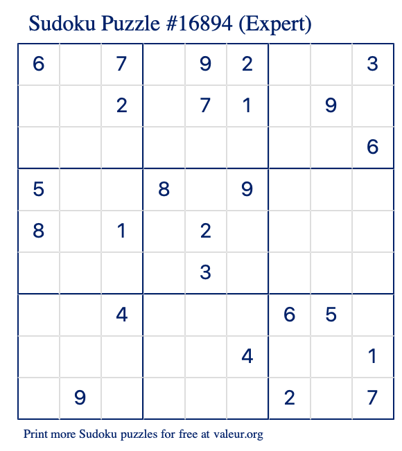 Free Printable Expert Sudoku Puzzle number 16894