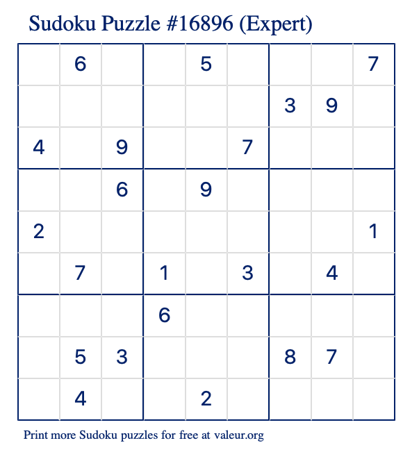 Free Printable Expert Sudoku Puzzle number 16896