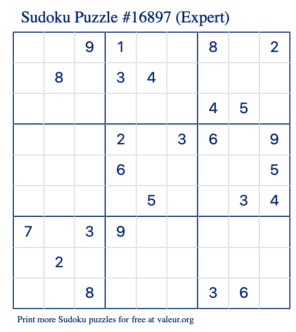 Free Printable Expert Sudoku Puzzle number 16897