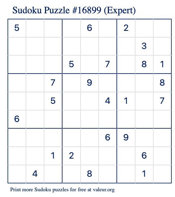 Free Printable Expert Sudoku Puzzle number 16899