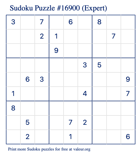 Free Printable Expert Sudoku Puzzle number 16900