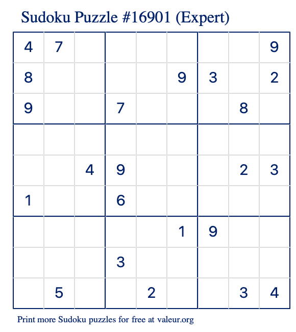 Free Printable Expert Sudoku Puzzle number 16901