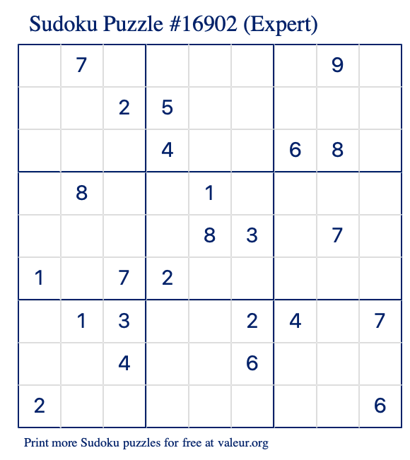 Free Printable Expert Sudoku Puzzle number 16902