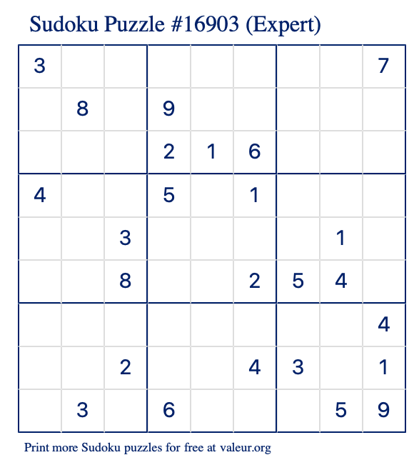 Free Printable Expert Sudoku Puzzle number 16903