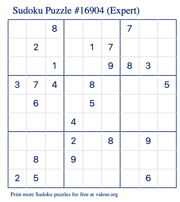 Free Printable Expert Sudoku Puzzle number 16904