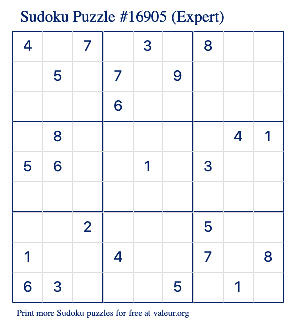 Free Printable Expert Sudoku Puzzle number 16905