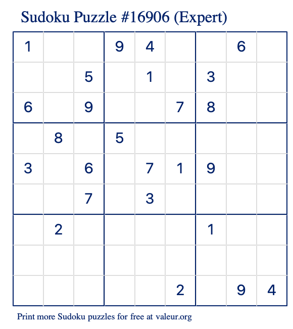 Free Printable Expert Sudoku Puzzle number 16906