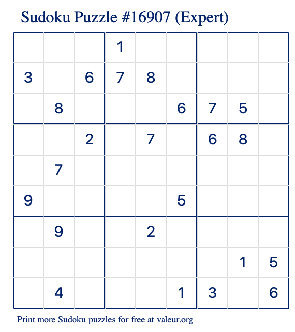 Free Printable Expert Sudoku Puzzle number 16907