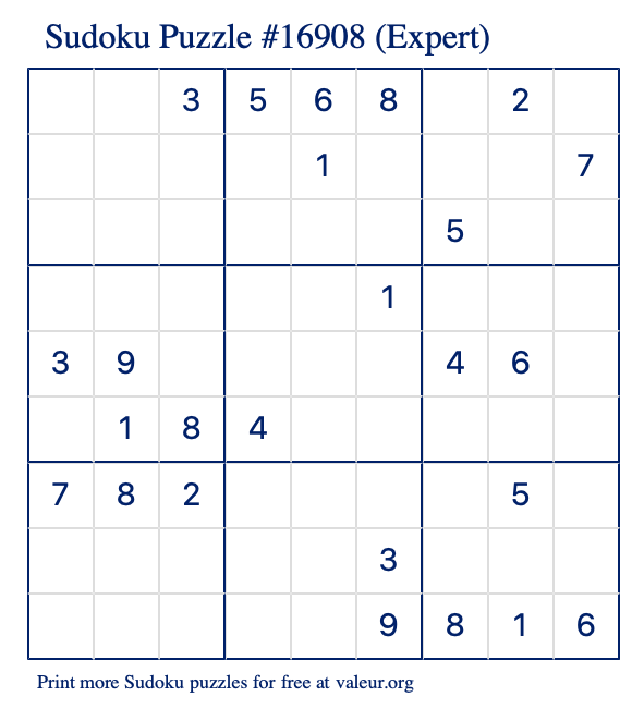 Free Printable Expert Sudoku Puzzle number 16908