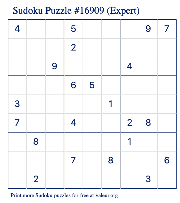 Free Printable Expert Sudoku Puzzle number 16909