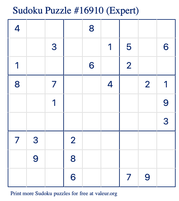 Free Printable Expert Sudoku Puzzle number 16910