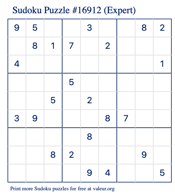 Free Printable Expert Sudoku Puzzle number 16912