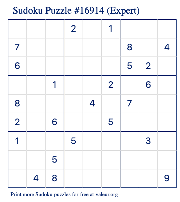 Free Printable Expert Sudoku Puzzle number 16914