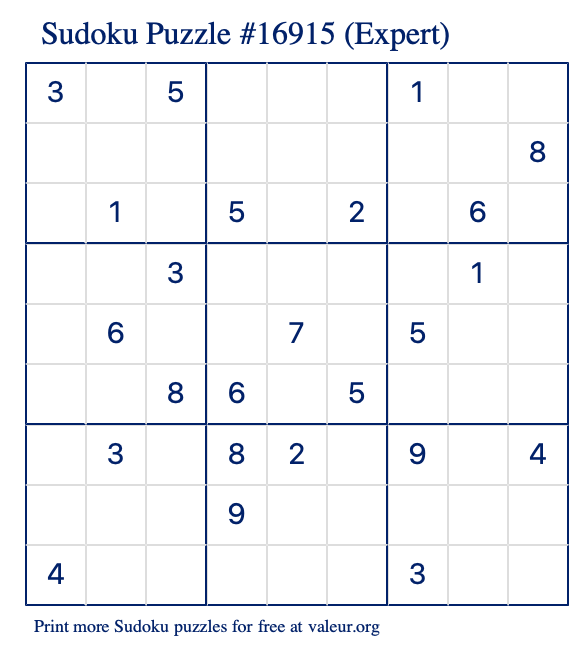 Free Printable Expert Sudoku Puzzle number 16915