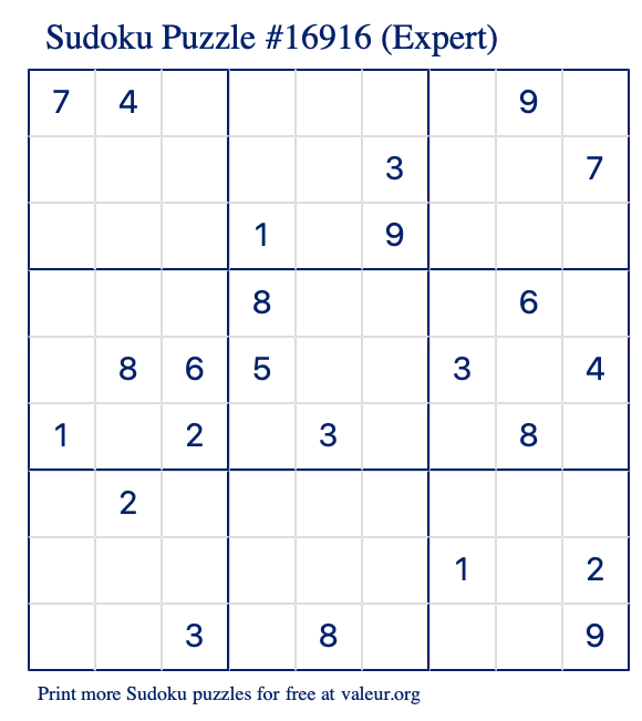 Free Printable Expert Sudoku Puzzle number 16916