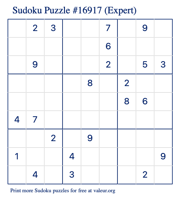 Free Printable Expert Sudoku Puzzle number 16917